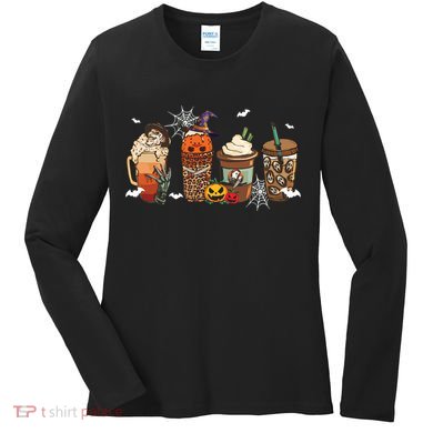 Halloween Horror Movie And Coffee Spooky Season Hello Fall Women's Long Sleeve Shirt