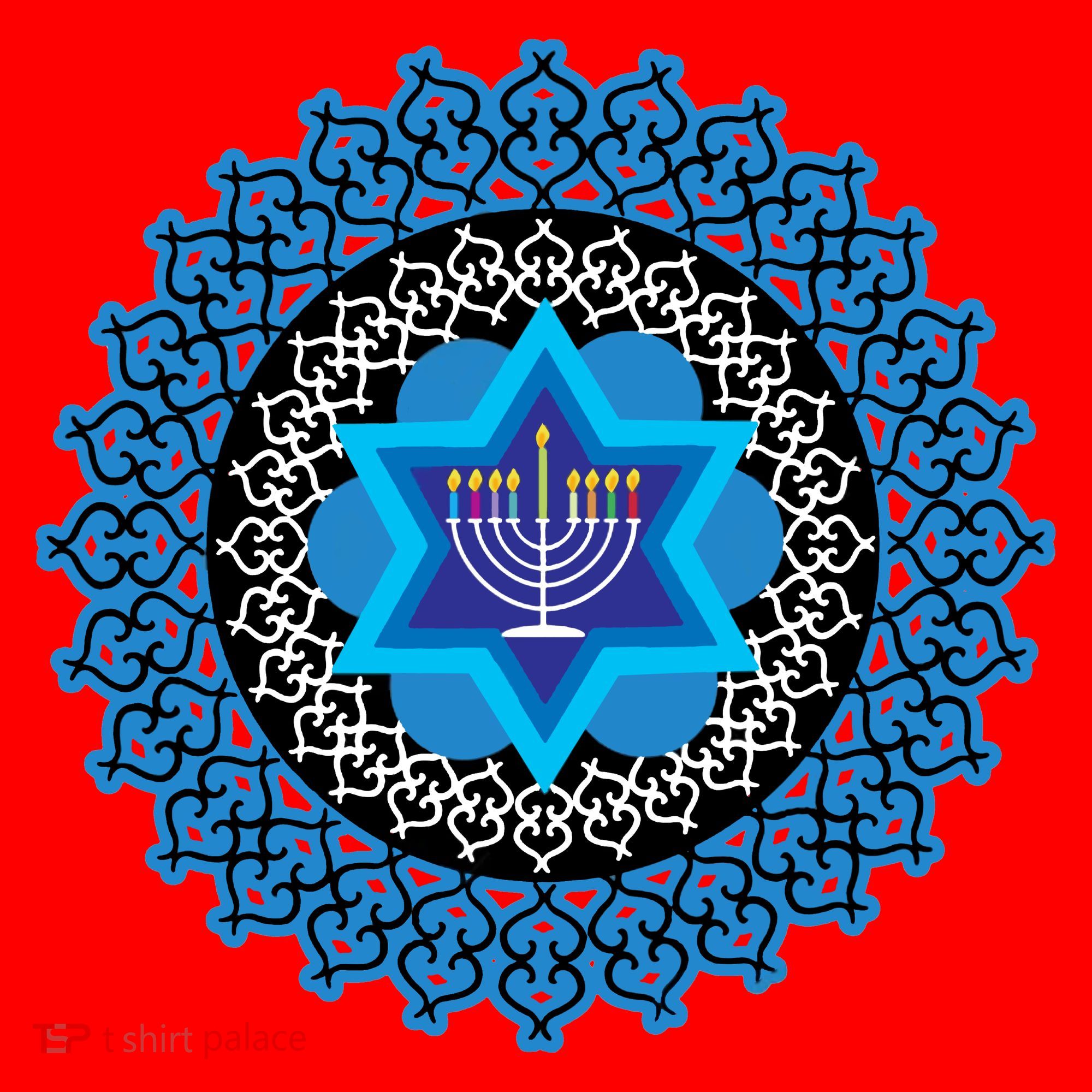 Happy Hanukkah Mandalla Star Of David Menorah Santa Hat