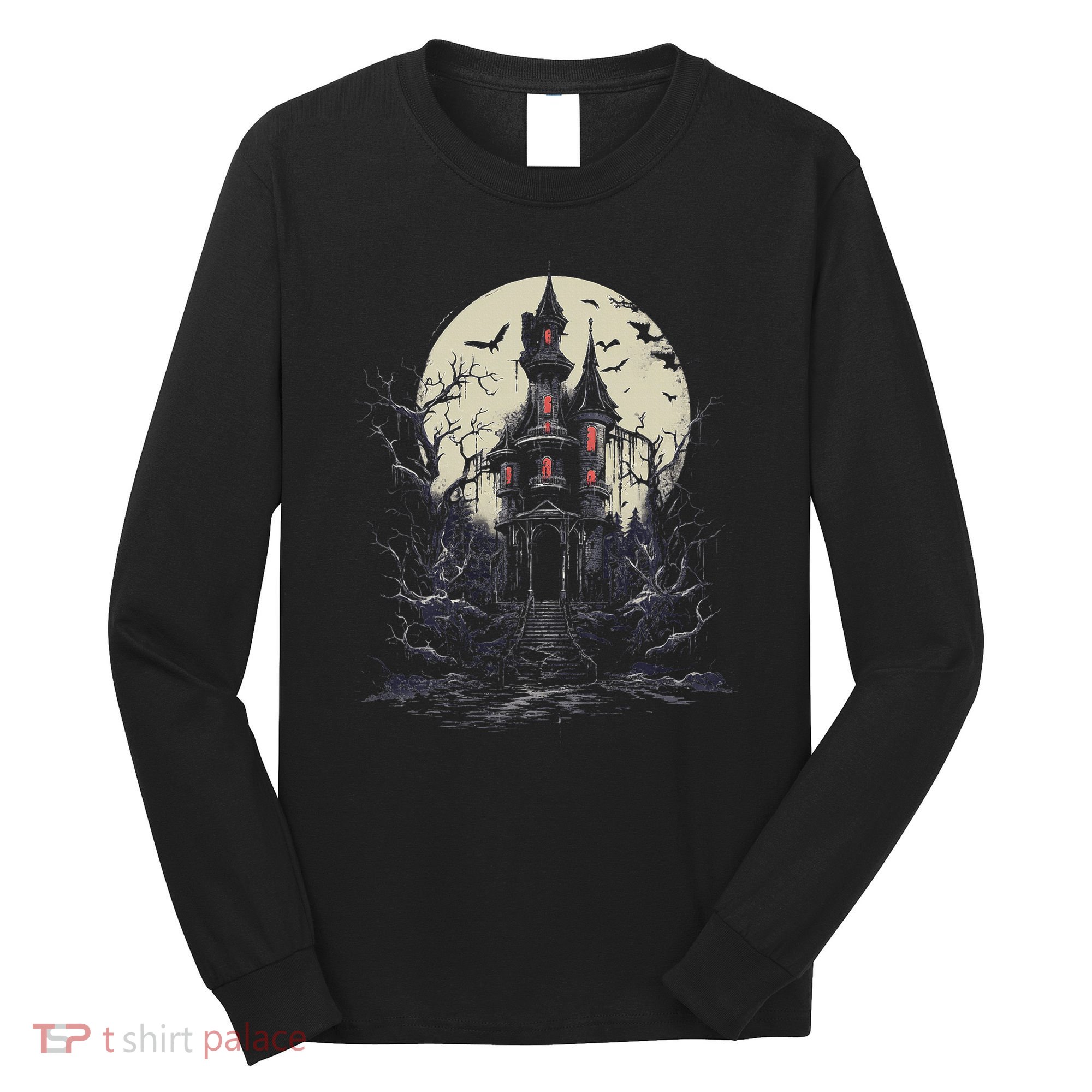 Haunted House Mansion Moon Halloween Decor Long Sleeve Shirt