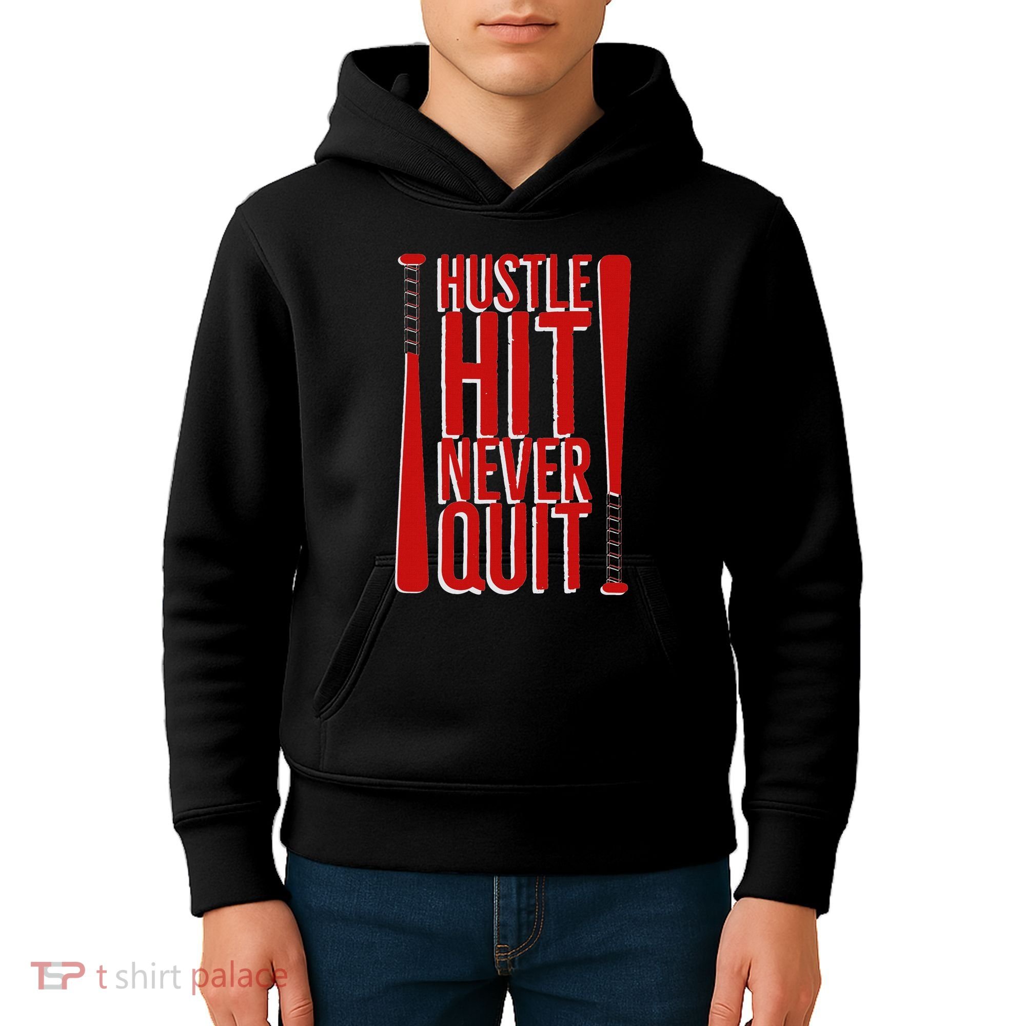 Hustle Hit Never Quit Baseball Saying Practice Workout Fan Kids Hoodie