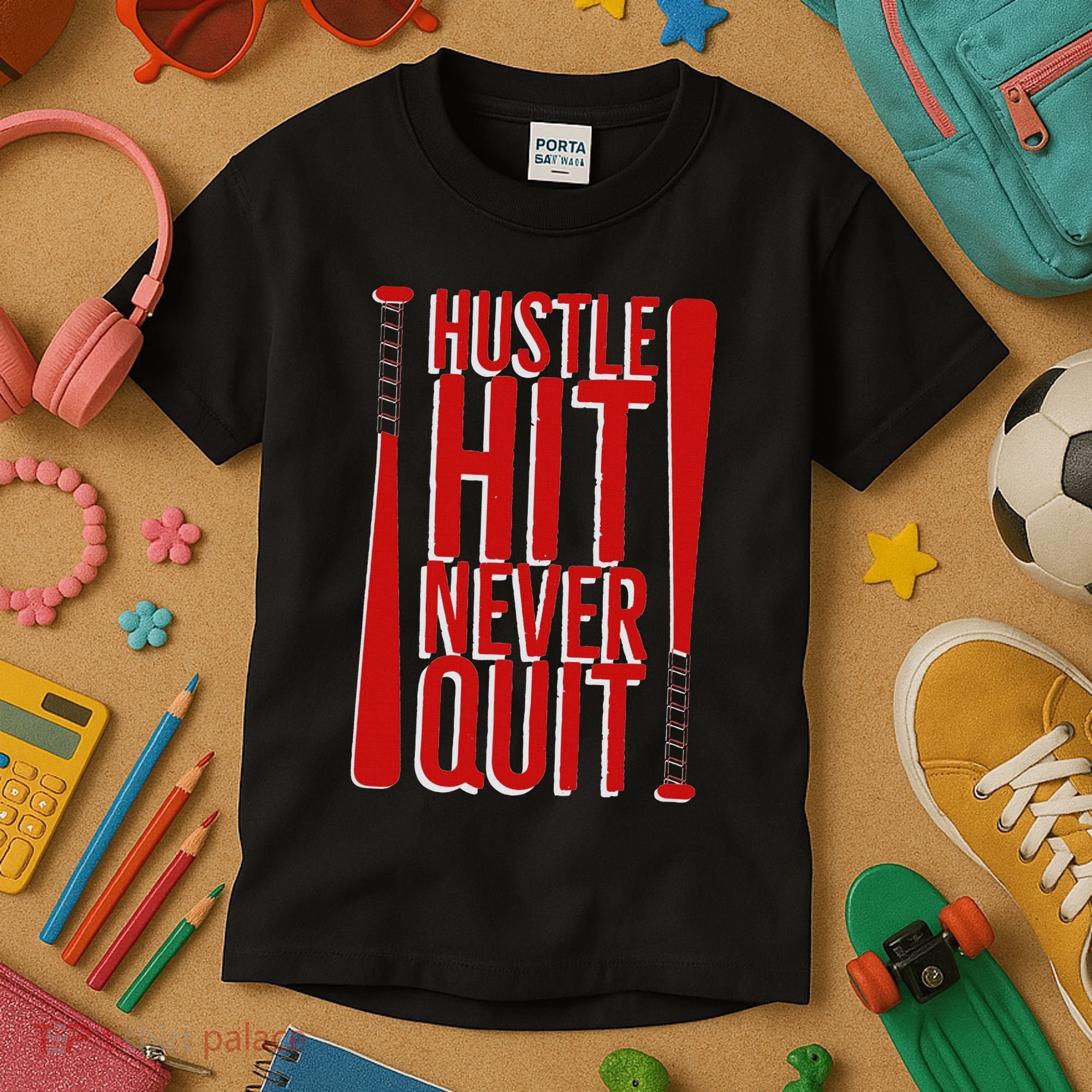 Hustle Hit Never Quit Baseball Saying Practice Workout Fan Kids T-Shirt