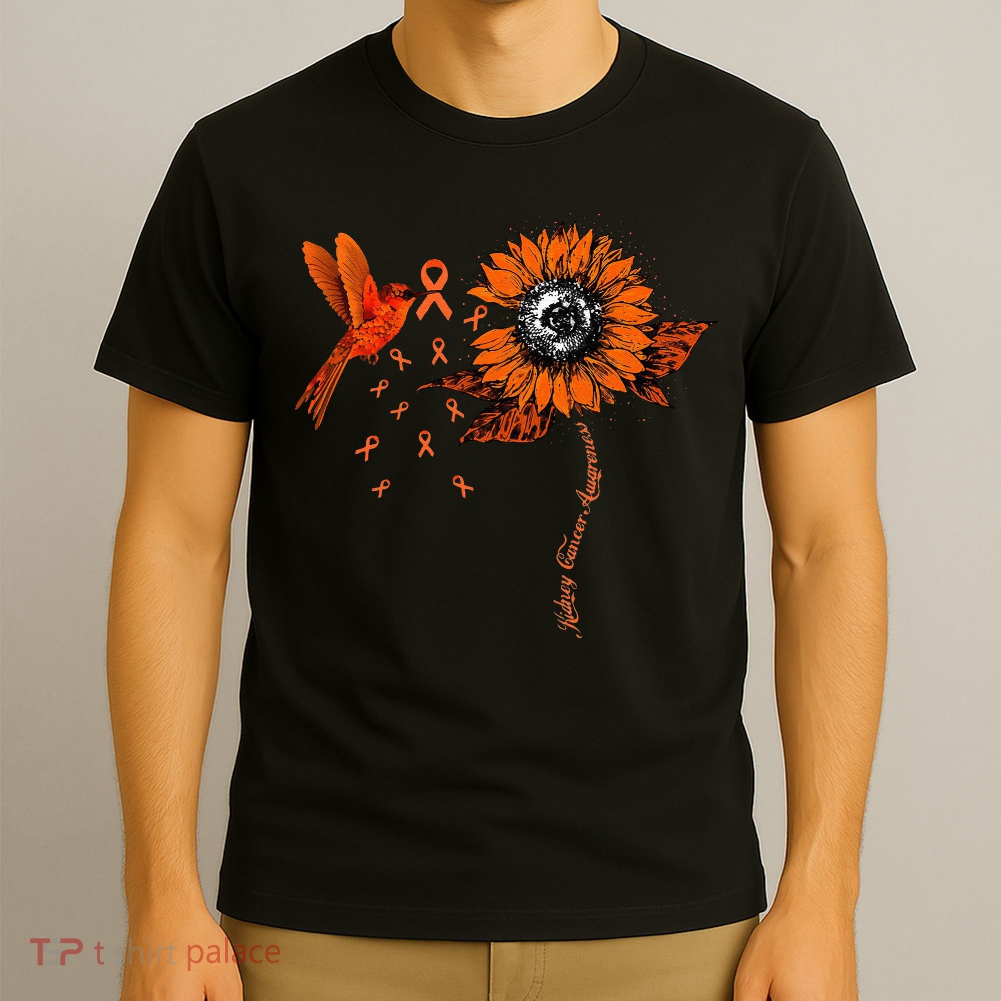 Hummingbird Holding Orange Ribbon Kidney Cancer Awareness T-Shirt