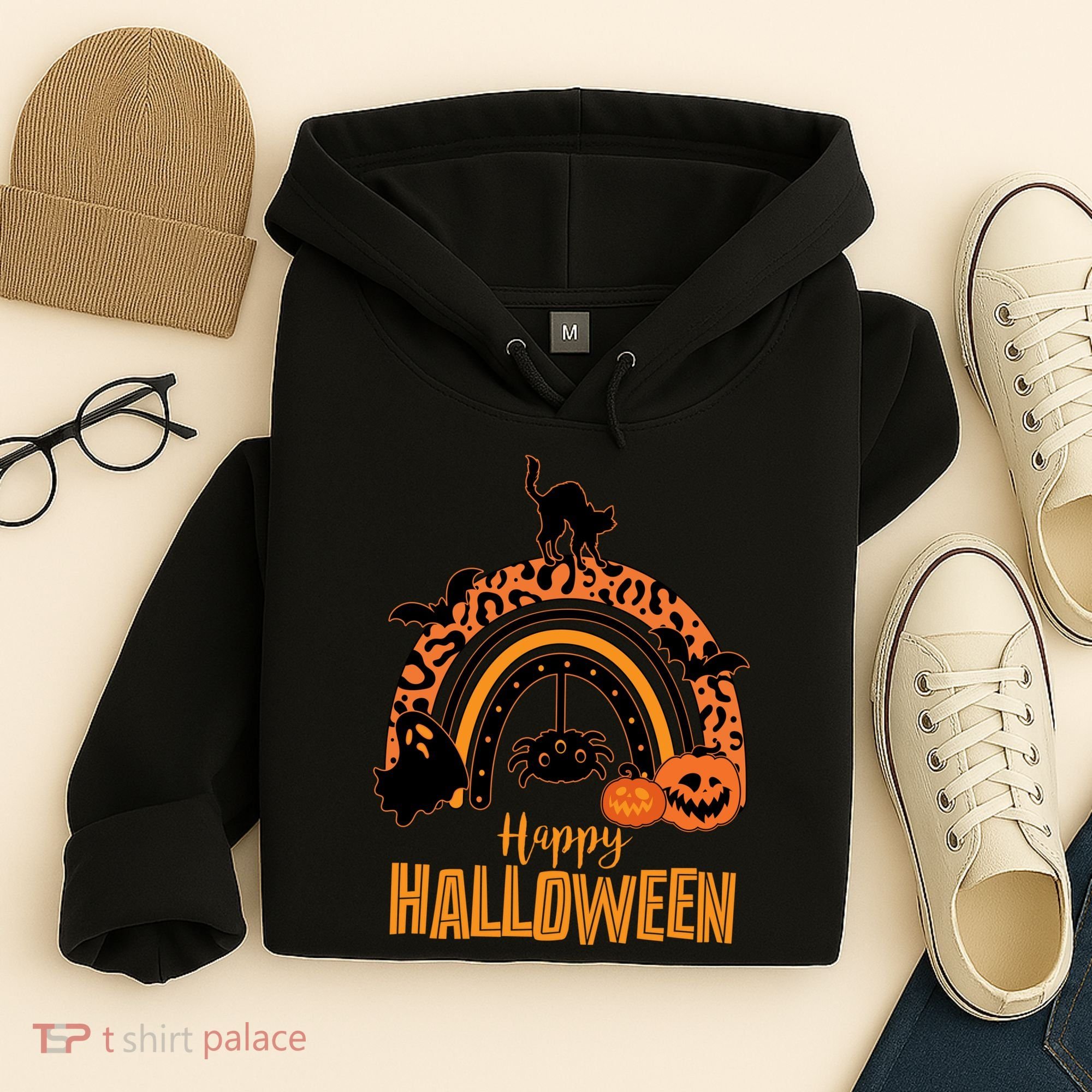 Happy Halloween Orange Patterned Rainbow Hoodie
