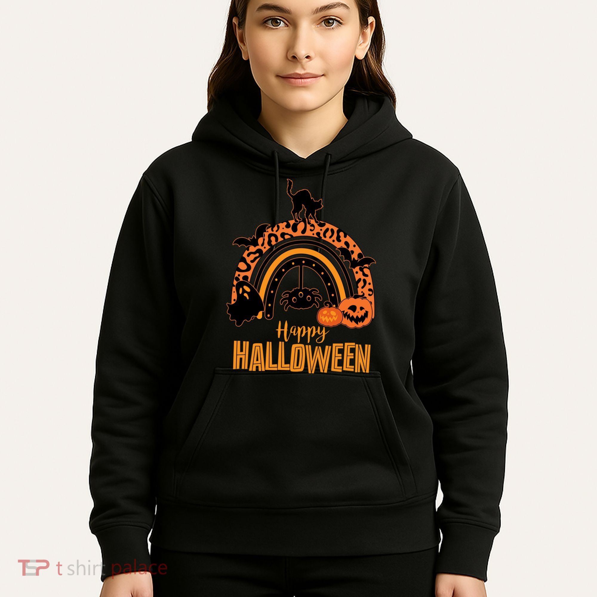 Happy Halloween Orange Patterned Rainbow Hoodie