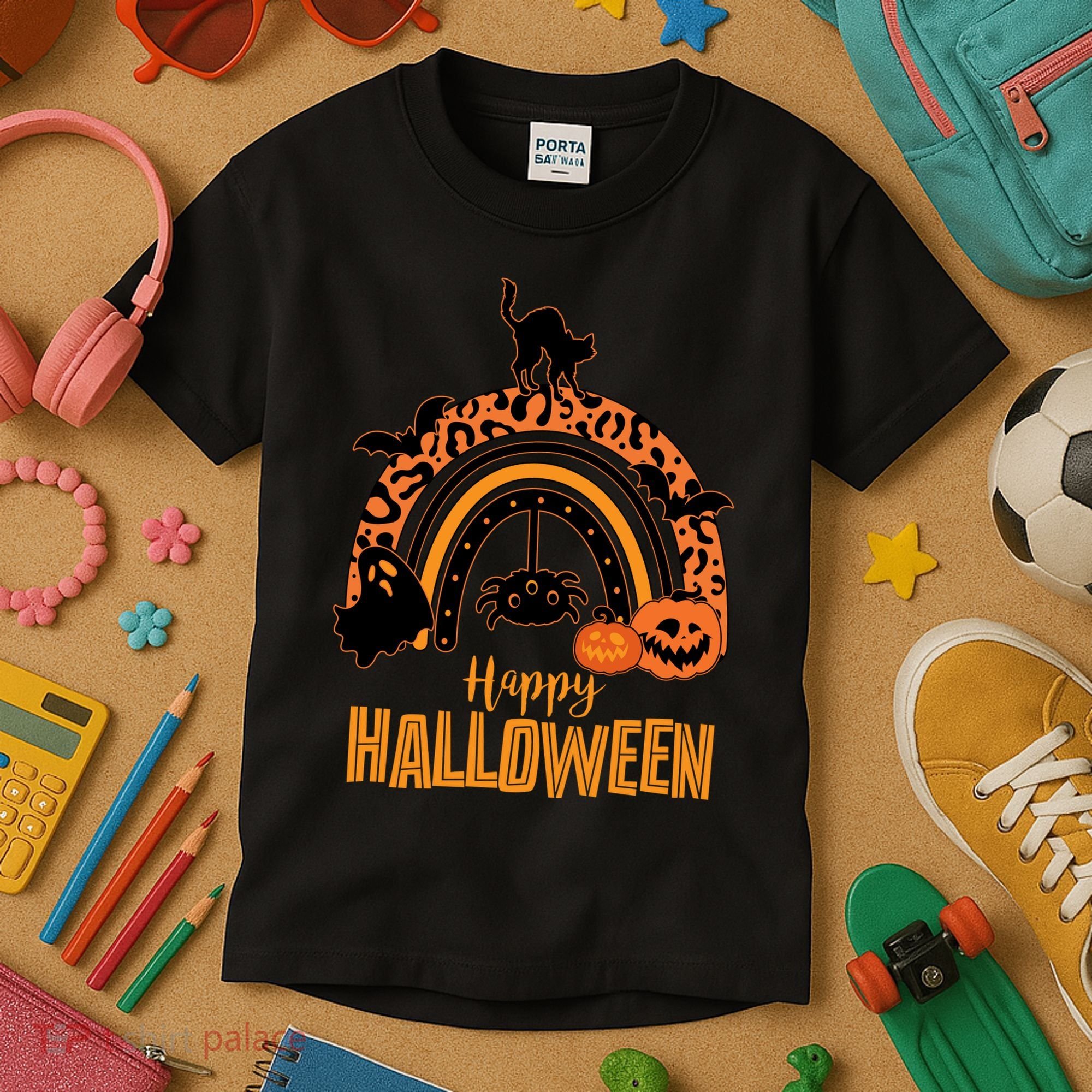 Happy Halloween Orange Patterned Rainbow Kids T-Shirt