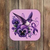 Hummingbird Holding Purple Ribbon Alzheimer Awareness Pansy Coaster thumb 0