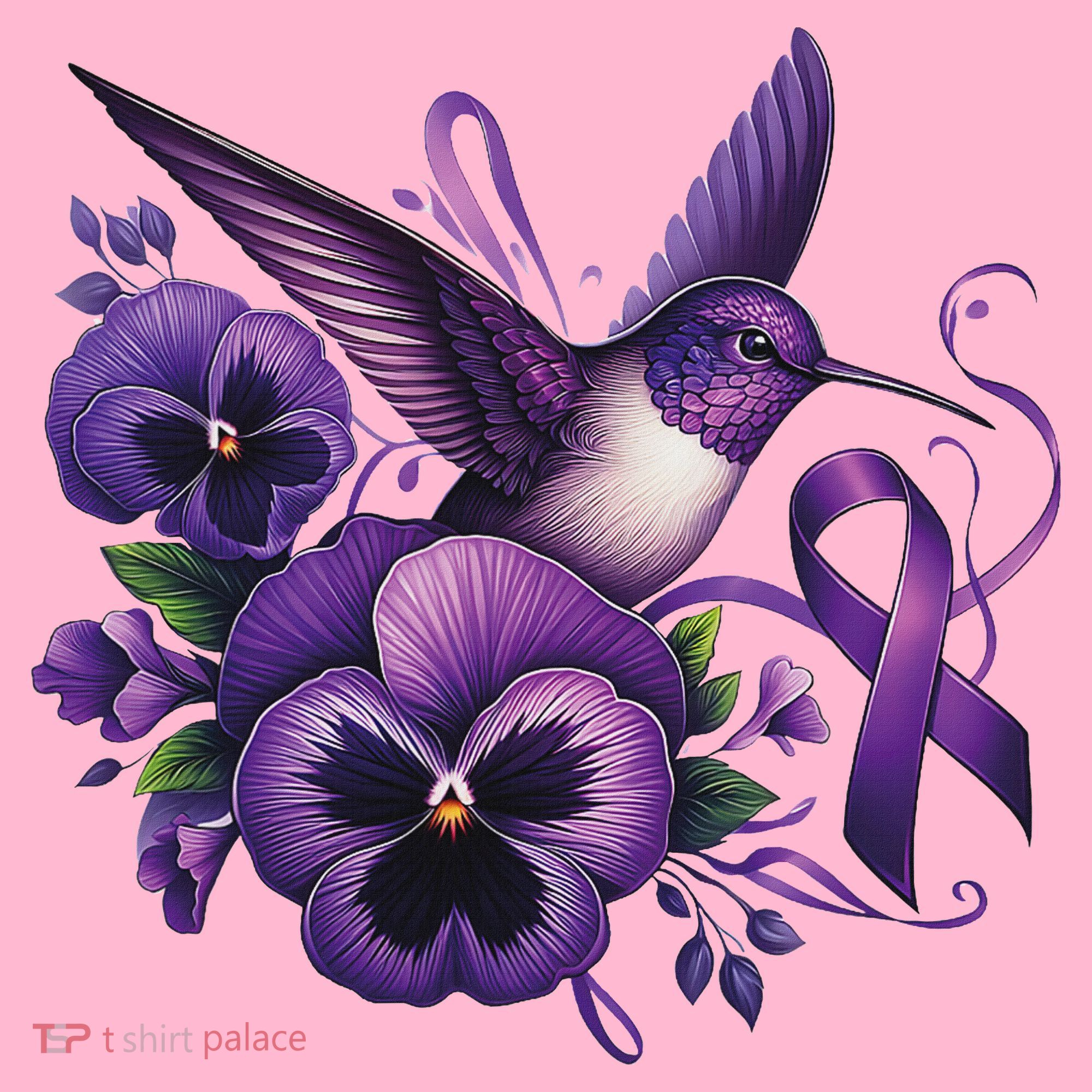 Hummingbird Holding Purple Ribbon Alzheimer Awareness Pansy Coaster