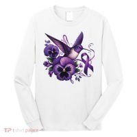 Hummingbird Holding Purple Ribbon Alzheimer Awareness Pansy Long Sleeve Shirt thumb 0