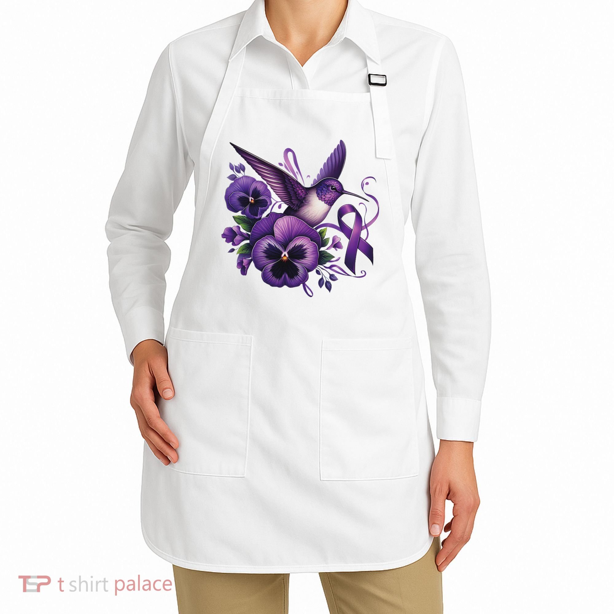 Hummingbird Holding Purple Ribbon Alzheimer Awareness Pansy Apron
