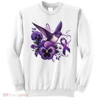 Hummingbird Holding Purple Ribbon Alzheimer Awareness Pansy Sweatshirt thumb 0