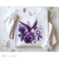 Hummingbird Holding Purple Ribbon Alzheimer Awareness Pansy Sweatshirt thumb 2