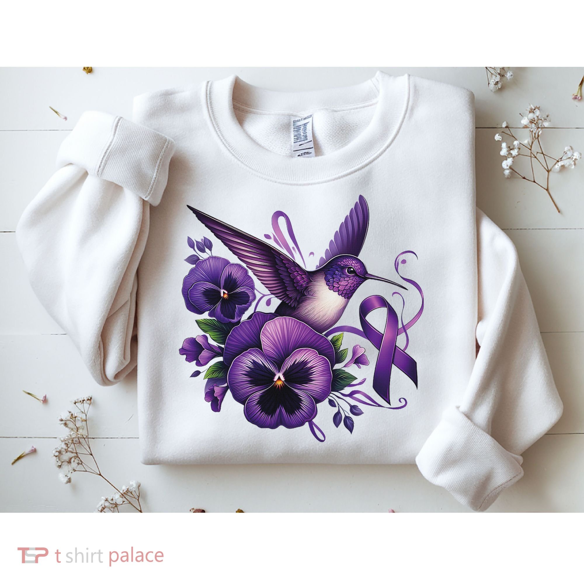 Hummingbird Holding Purple Ribbon Alzheimer Awareness Pansy Sweatshirt