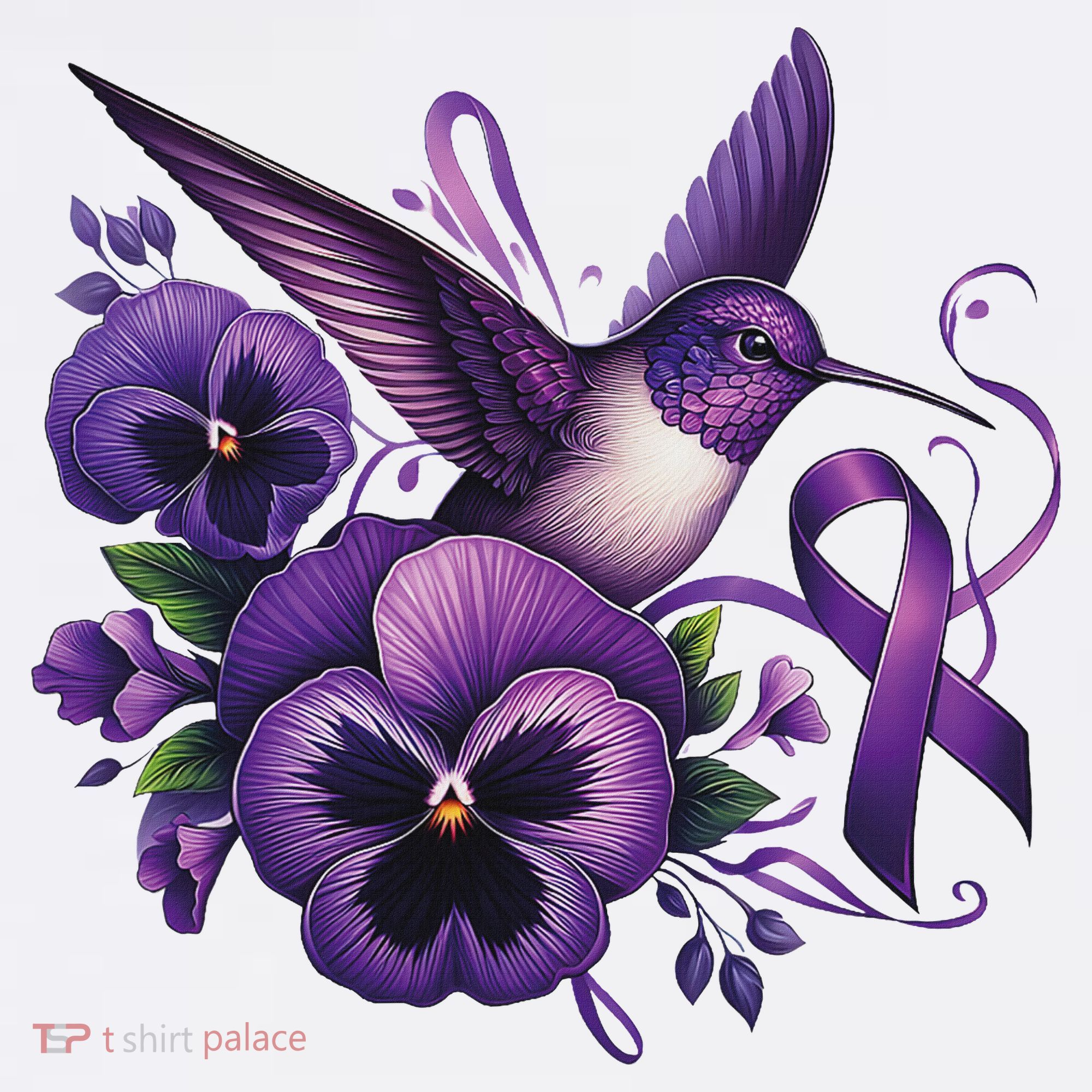 Hummingbird Holding Purple Ribbon Alzheimer Awareness Pansy Sweatshirt