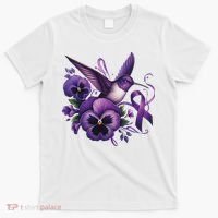 Hummingbird Holding Purple Ribbon Alzheimer Awareness Pansy T-Shirt thumb 0