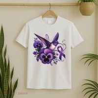 Hummingbird Holding Purple Ribbon Alzheimer Awareness Pansy T-Shirt thumb 2