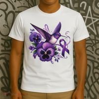 Hummingbird Holding Purple Ribbon Alzheimer Awareness Pansy T-Shirt thumb 3