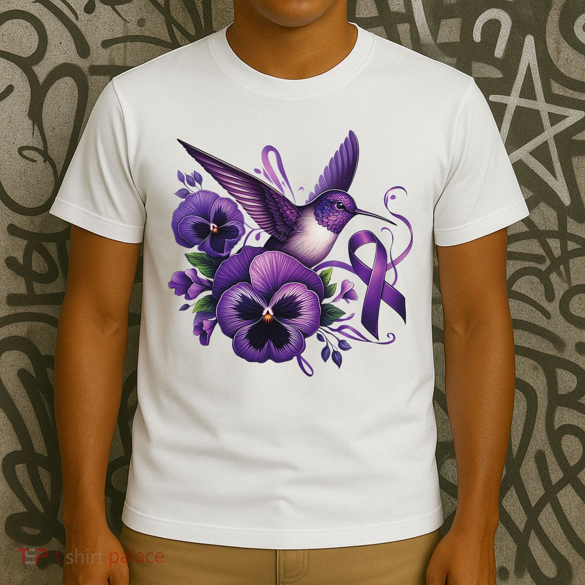 Hummingbird Holding Purple Ribbon Alzheimer Awareness Pansy T-Shirt