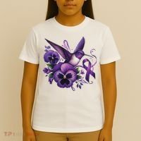 Hummingbird Holding Purple Ribbon Alzheimer Awareness Pansy T-Shirt thumb 4
