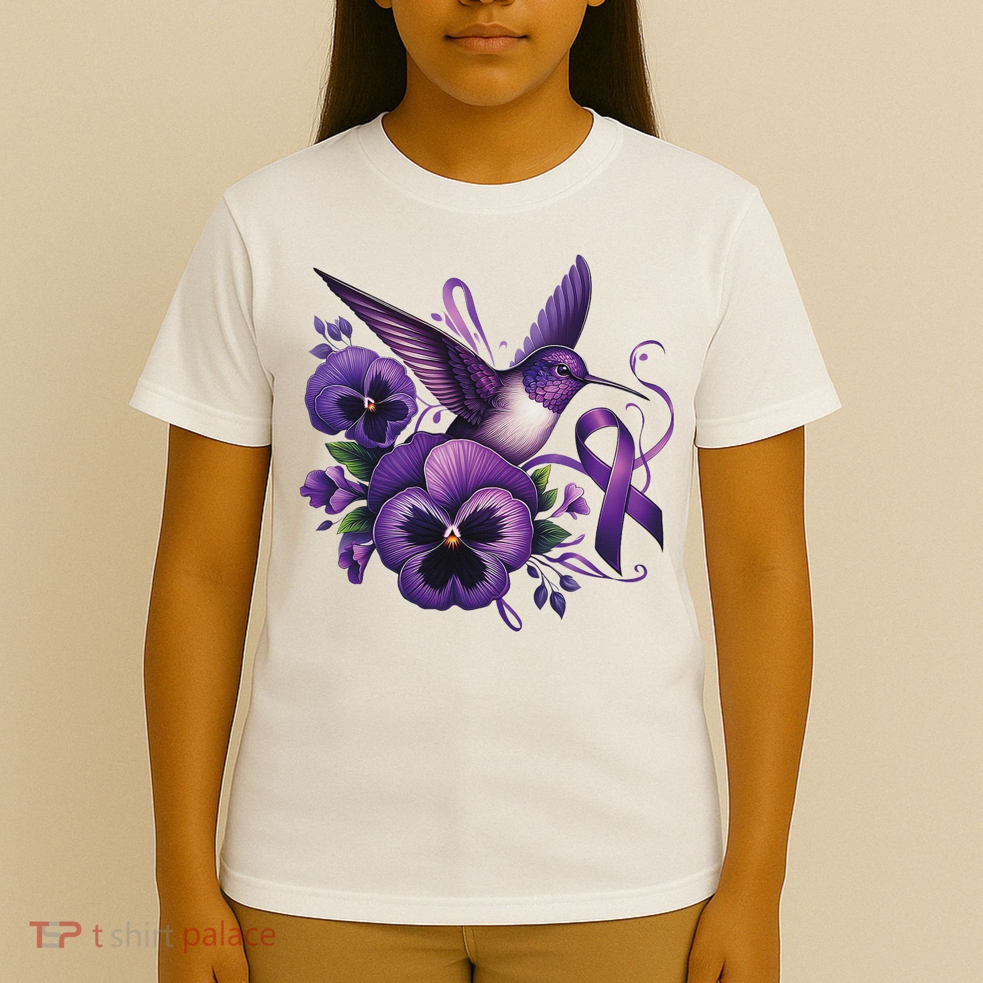 Hummingbird Holding Purple Ribbon Alzheimer Awareness Pansy T-Shirt
