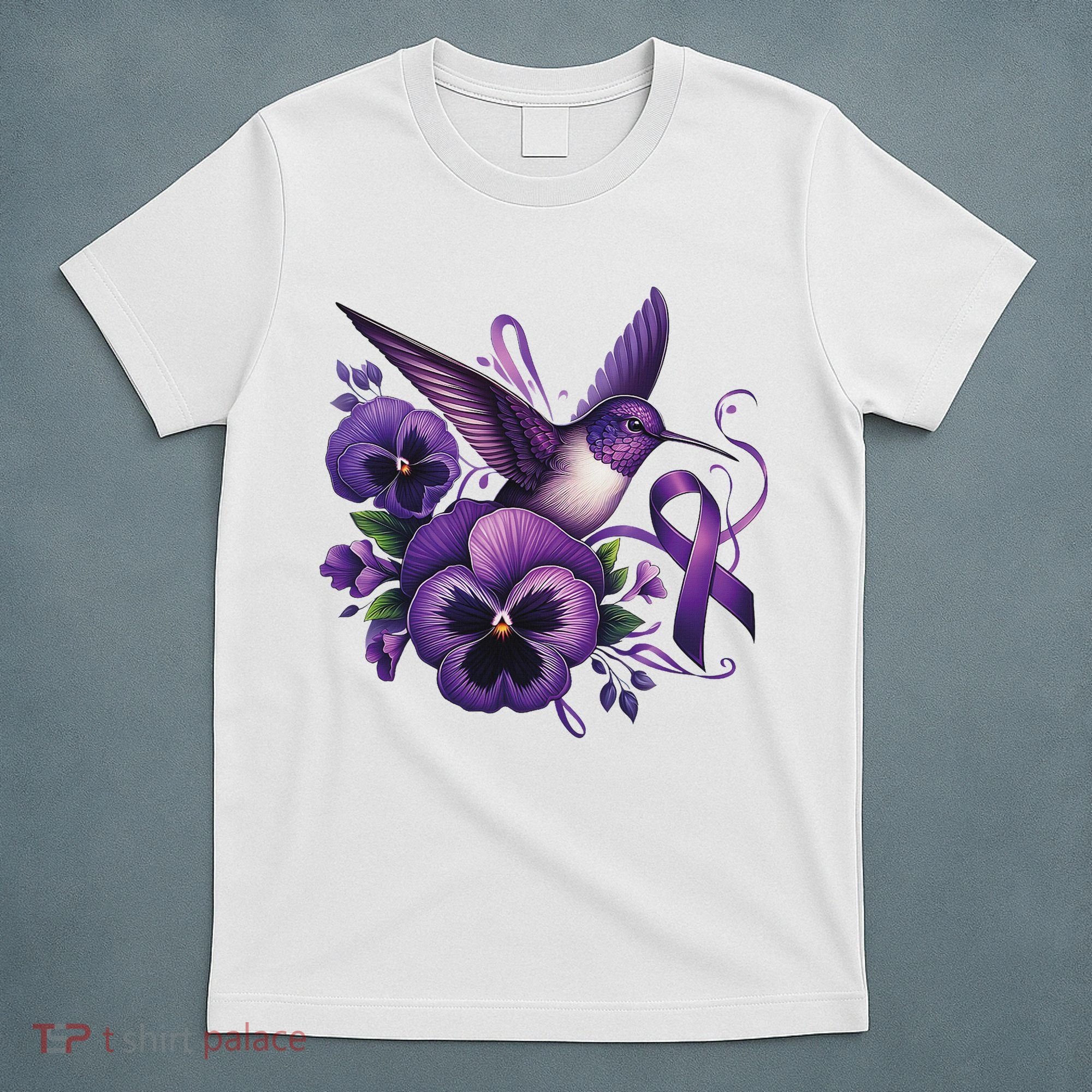 Hummingbird Holding Purple Ribbon Alzheimer Awareness Pansy T-Shirt