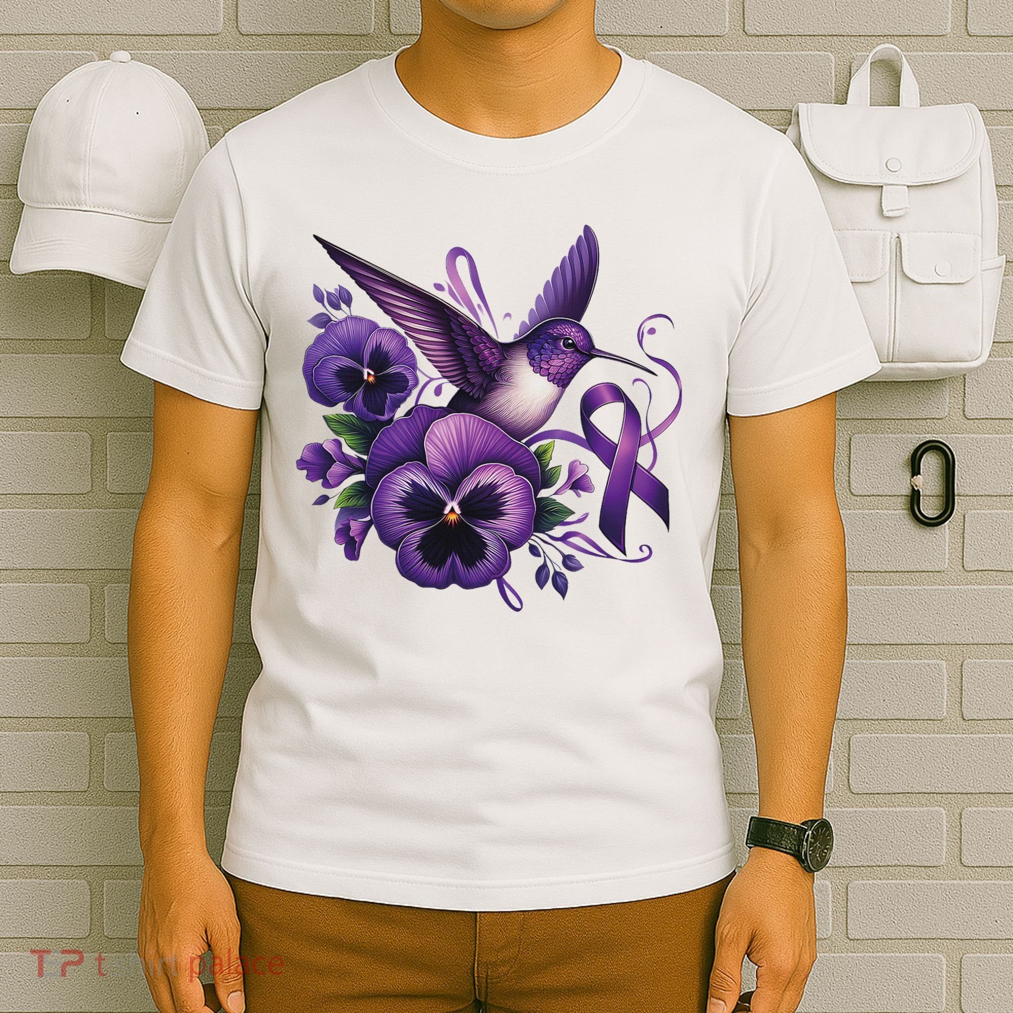 Hummingbird Holding Purple Ribbon Alzheimer Awareness Pansy T-Shirt