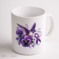 Hummingbird Holding Purple Ribbon Alzheimer Awareness Pansy Coffee Mug thumb 1
