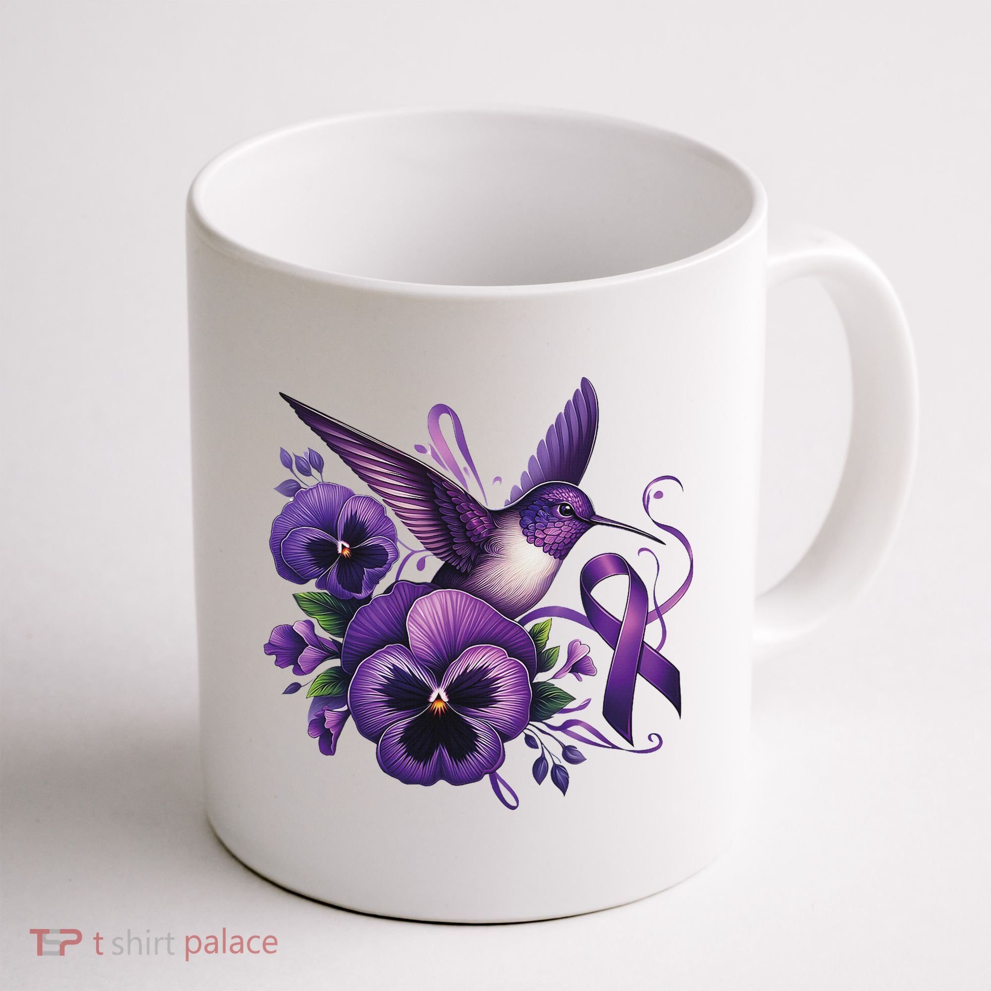 Hummingbird Holding Purple Ribbon Alzheimer Awareness Pansy Coffee Mug