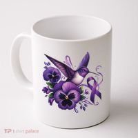 Hummingbird Holding Purple Ribbon Alzheimer Awareness Pansy Coffee Mug thumb 0