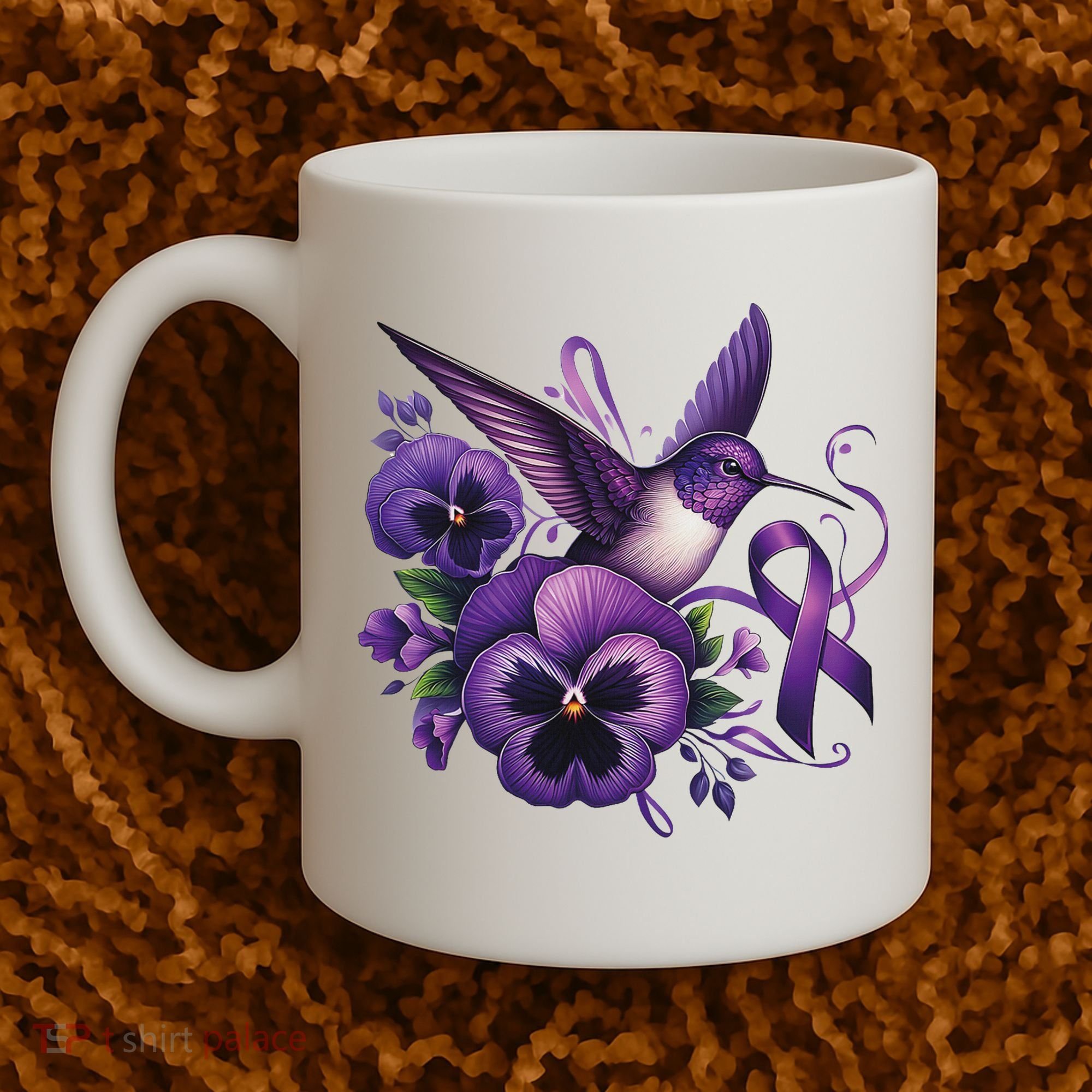 Hummingbird Holding Purple Ribbon Alzheimer Awareness Pansy Coffee Mug
