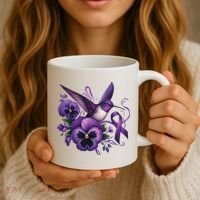 Hummingbird Holding Purple Ribbon Alzheimer Awareness Pansy Coffee Mug thumb 3