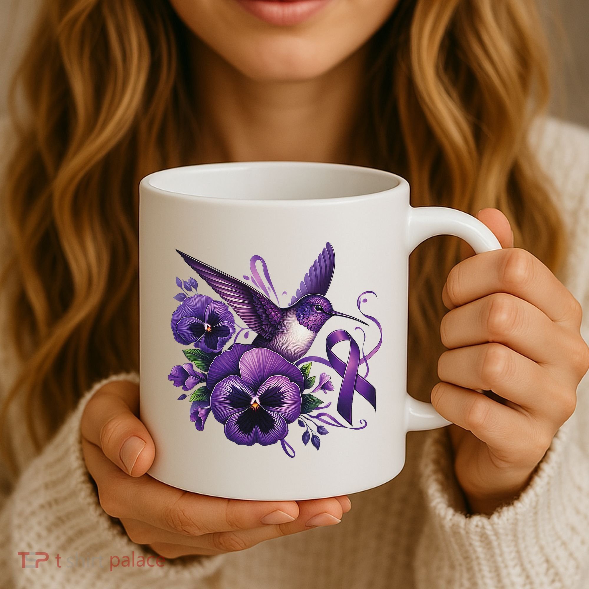 Hummingbird Holding Purple Ribbon Alzheimer Awareness Pansy Coffee Mug