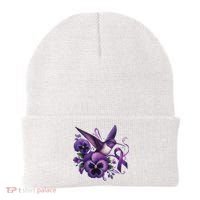 Hummingbird Holding Purple Ribbon Alzheimer Awareness Pansy Beanie thumb 0