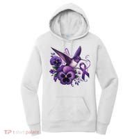 Hummingbird Holding Purple Ribbon Alzheimer Awareness Pansy Women's Hoodie thumb 0