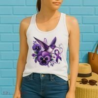 Hummingbird Holding Purple Ribbon Alzheimer Awareness Pansy Women's Tank Top thumb 2