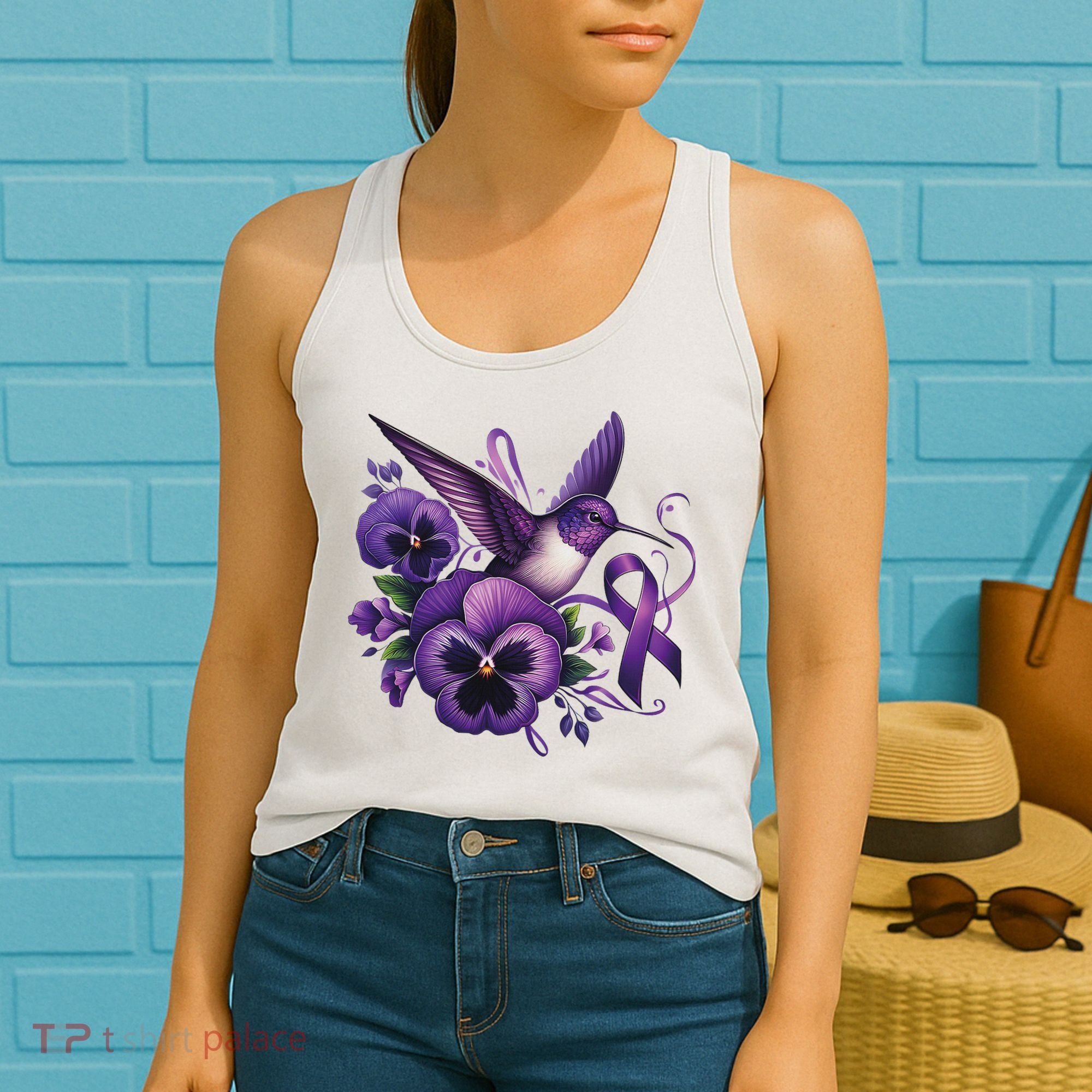 Hummingbird Holding Purple Ribbon Alzheimer Awareness Pansy Women's Tank Top