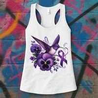 Hummingbird Holding Purple Ribbon Alzheimer Awareness Pansy Women's Tank Top thumb 3