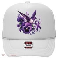 Hummingbird Holding Purple Ribbon Alzheimer Awareness Pansy Hat thumb 0