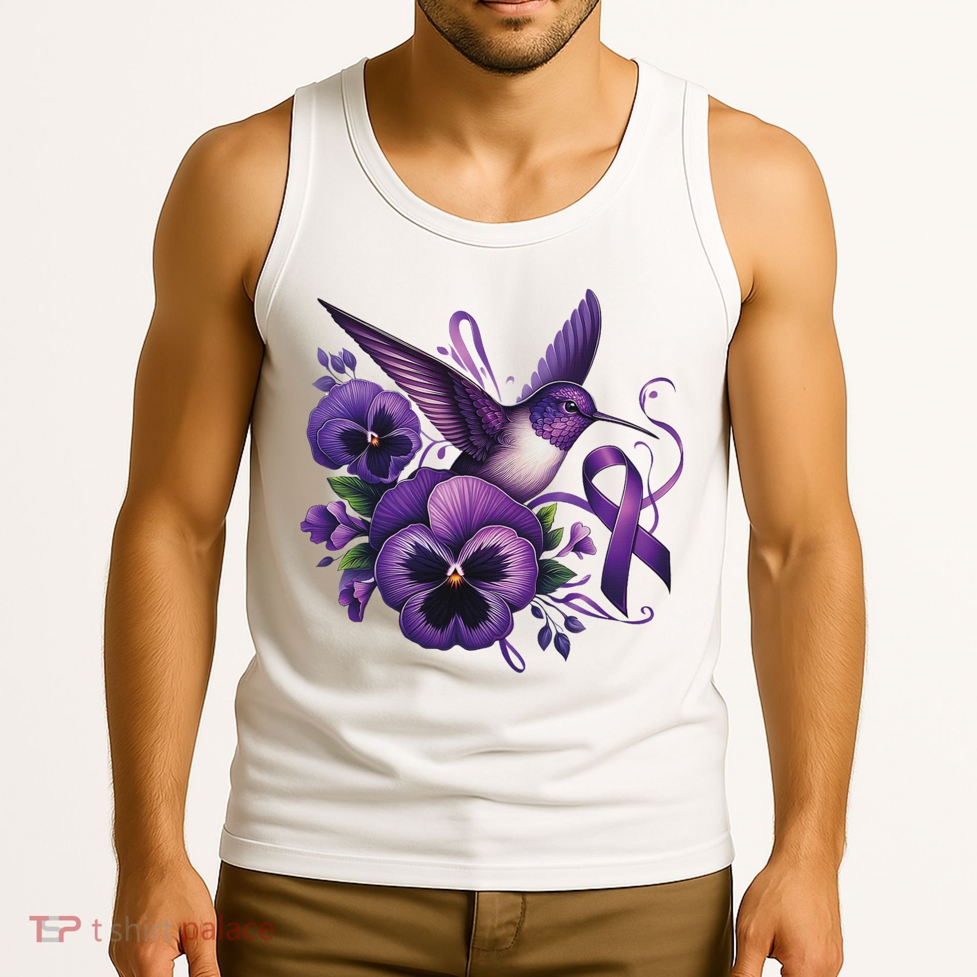 Hummingbird Holding Purple Ribbon Alzheimer Awareness Pansy Tank Top