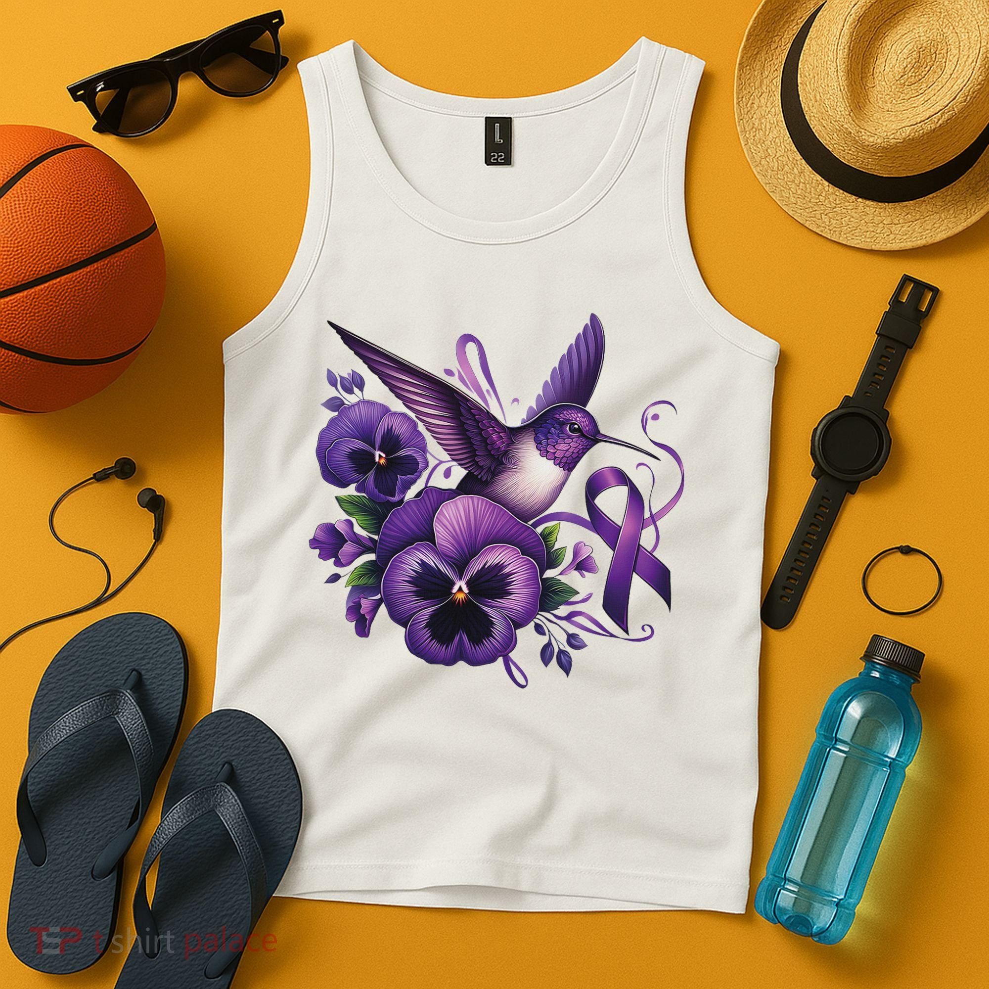 Hummingbird Holding Purple Ribbon Alzheimer Awareness Pansy Tank Top