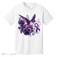 Hummingbird Holding Purple Ribbon Alzheimer Awareness Pansy Kids T-Shirt thumb 0