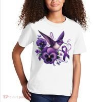 Hummingbird Holding Purple Ribbon Alzheimer Awareness Pansy Kids T-Shirt thumb 2