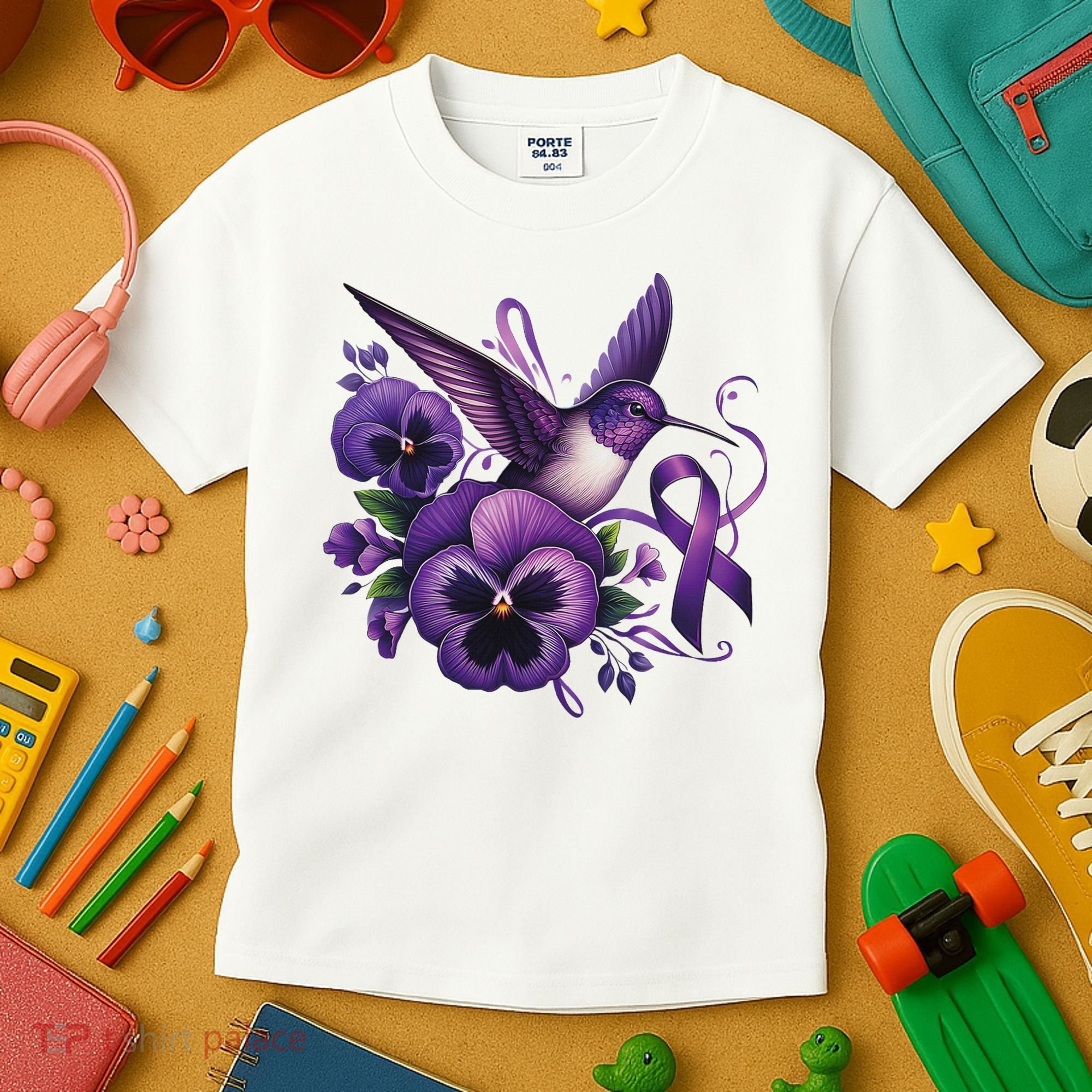 Hummingbird Holding Purple Ribbon Alzheimer Awareness Pansy Kids T-Shirt