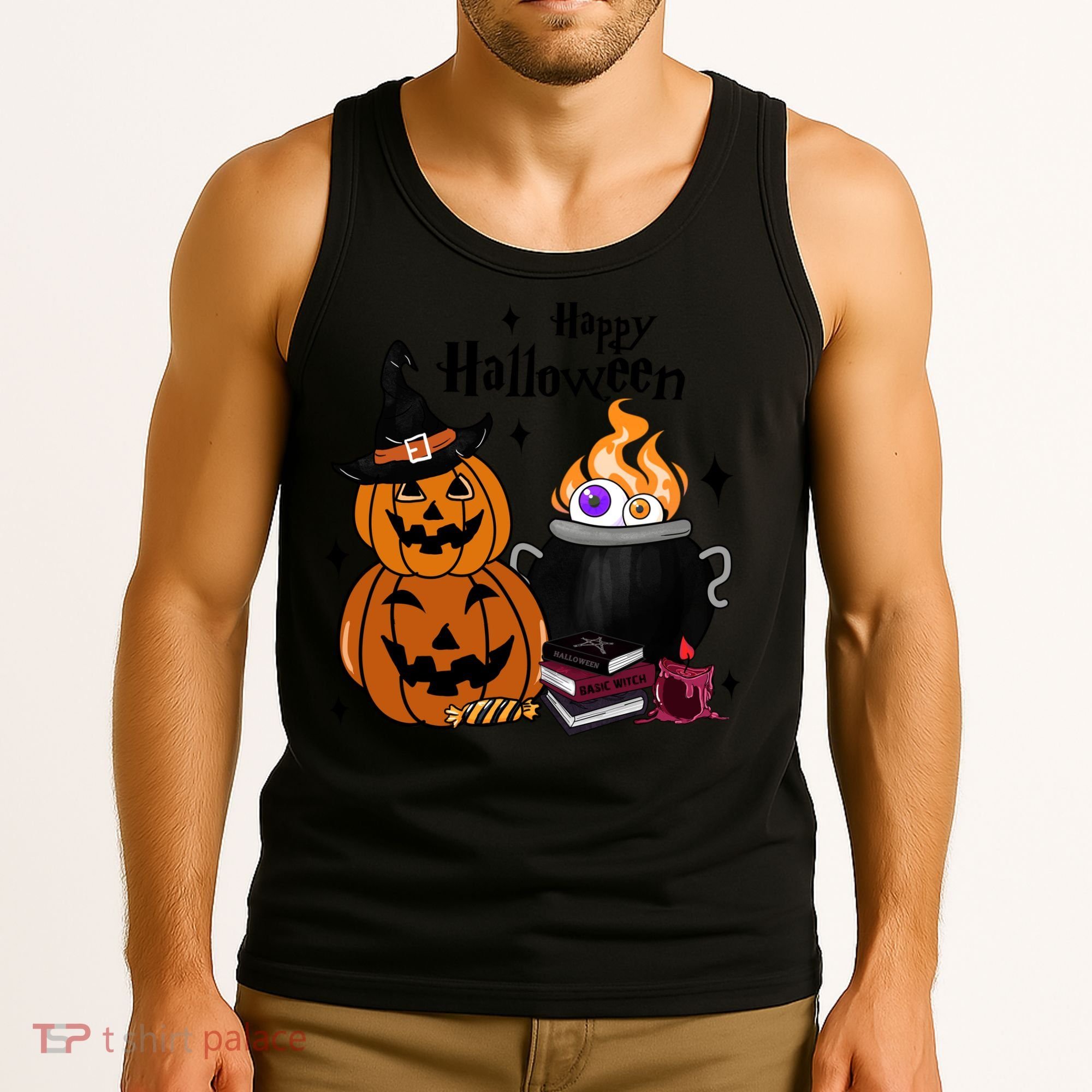 Happy Halloween Potluck Pumpkin Witch Spooky Graphic Plus Size Party Tank Top