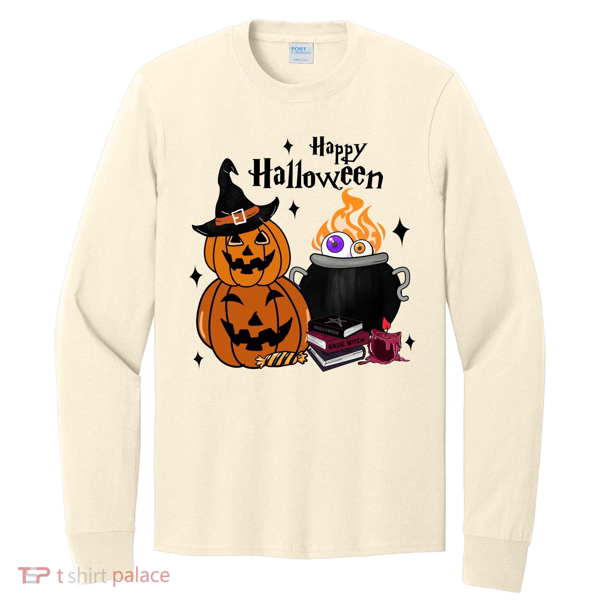 Happy Halloween Potluck Pumpkin Witch Spooky Graphic Plus Size Party Long Sleeve Shirt