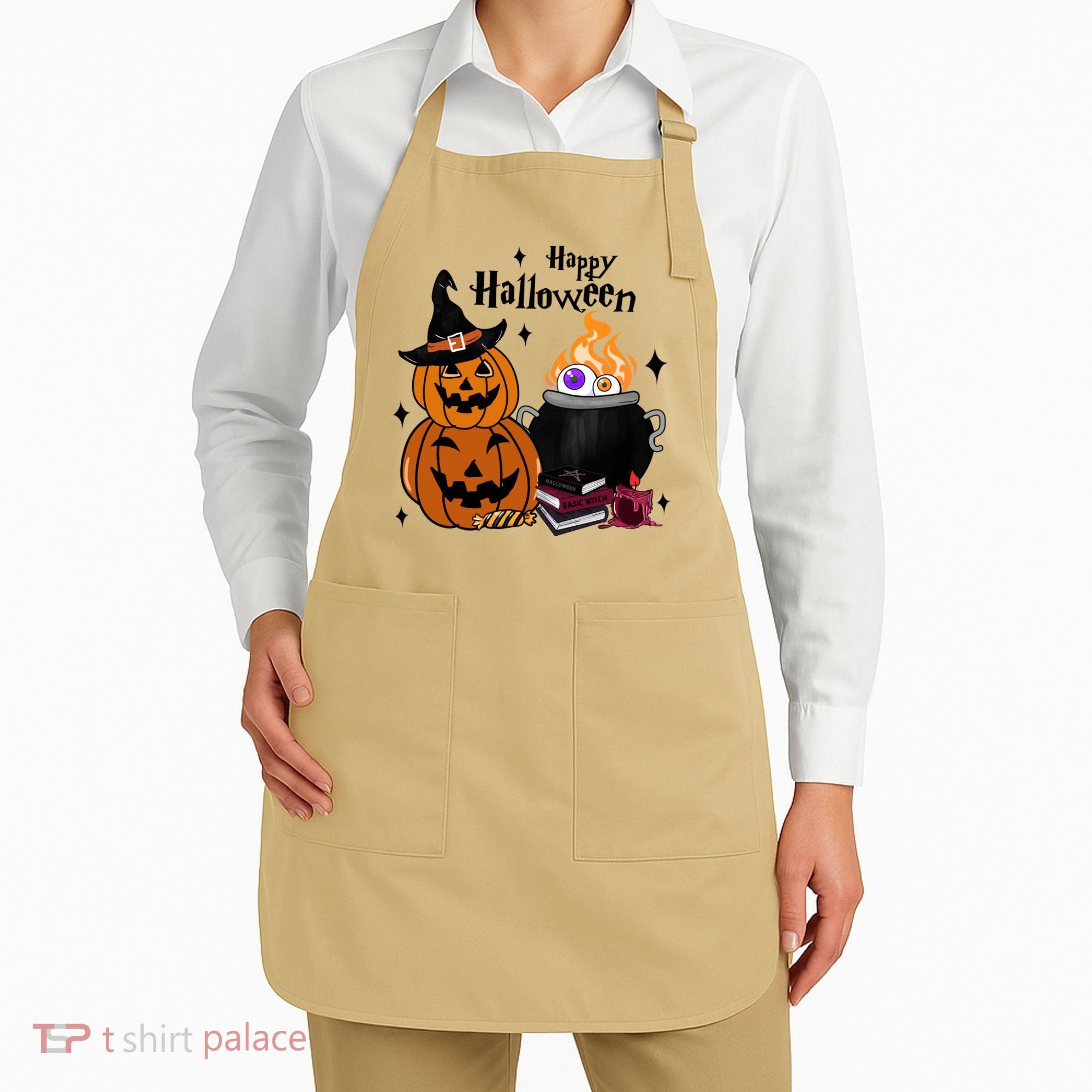 Happy Halloween Potluck Pumpkin Witch Spooky Graphic Plus Size Party Apron