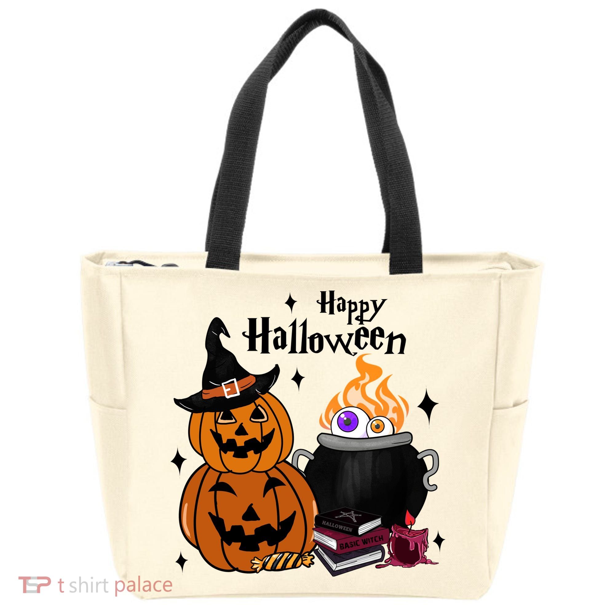Happy Halloween Potluck Pumpkin Witch Spooky Graphic Plus Size Party Tote Bag