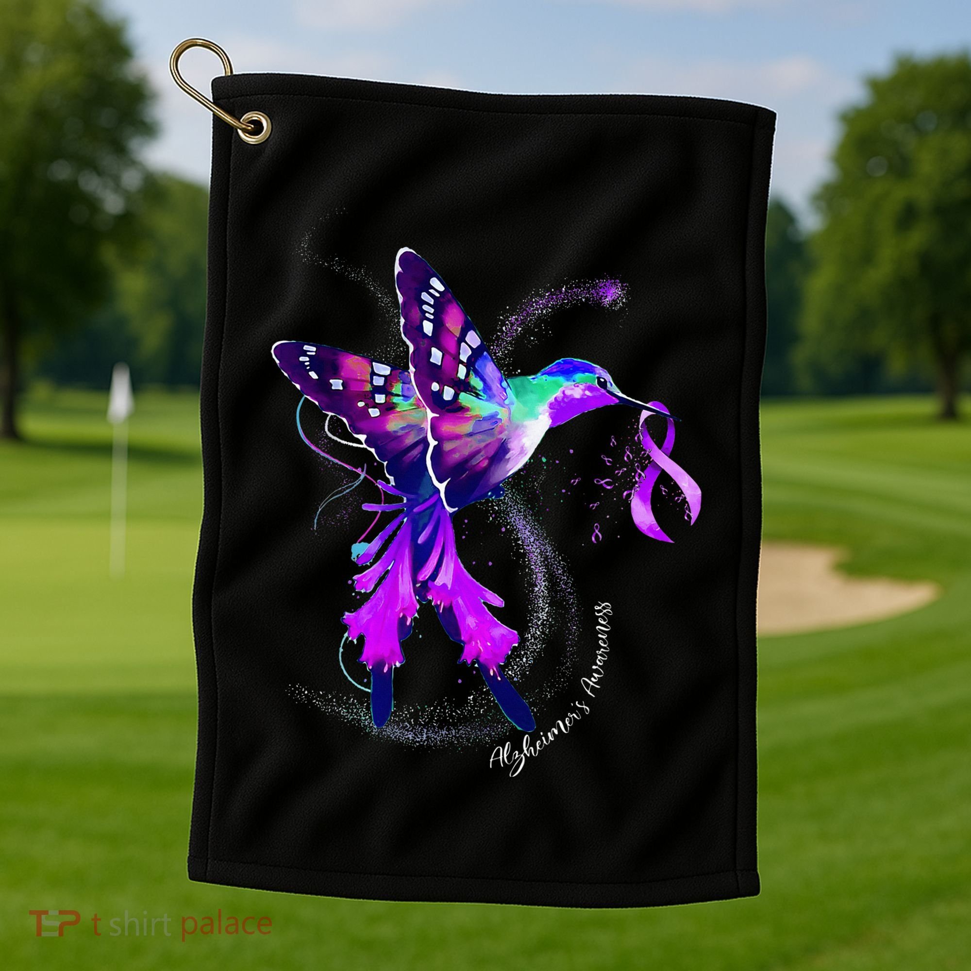 Hummingbird Holding Purple Ribbon AlzheimerS Golf Towel