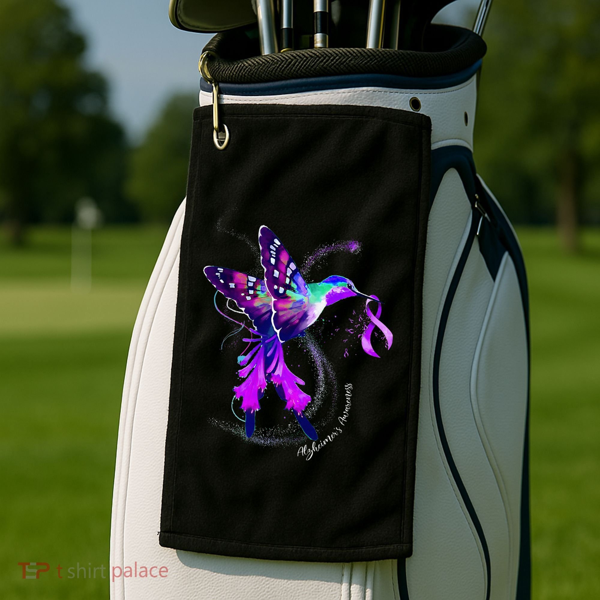 Hummingbird Holding Purple Ribbon AlzheimerS Golf Towel