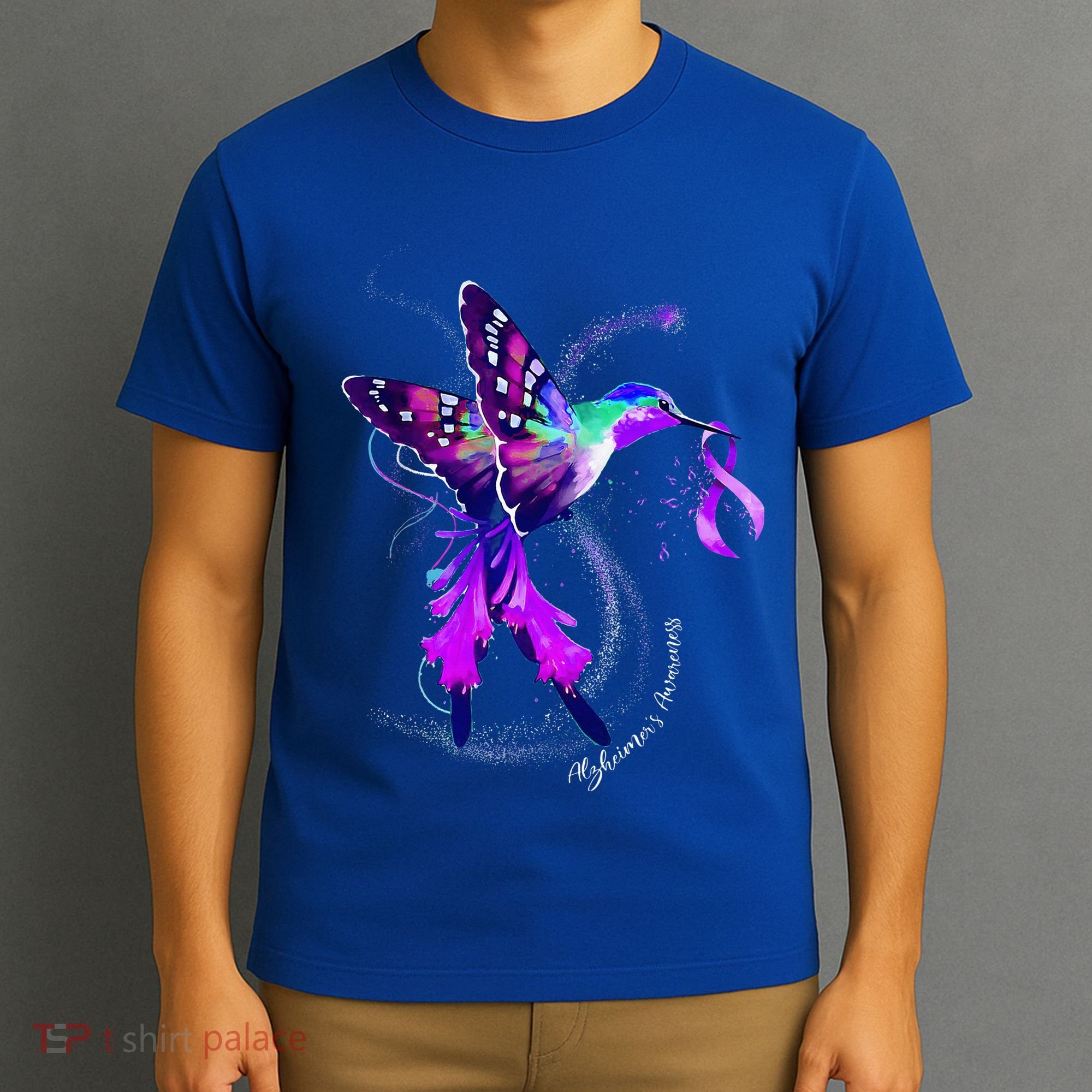 Hummingbird Holding Purple Ribbon AlzheimerS T-Shirt
