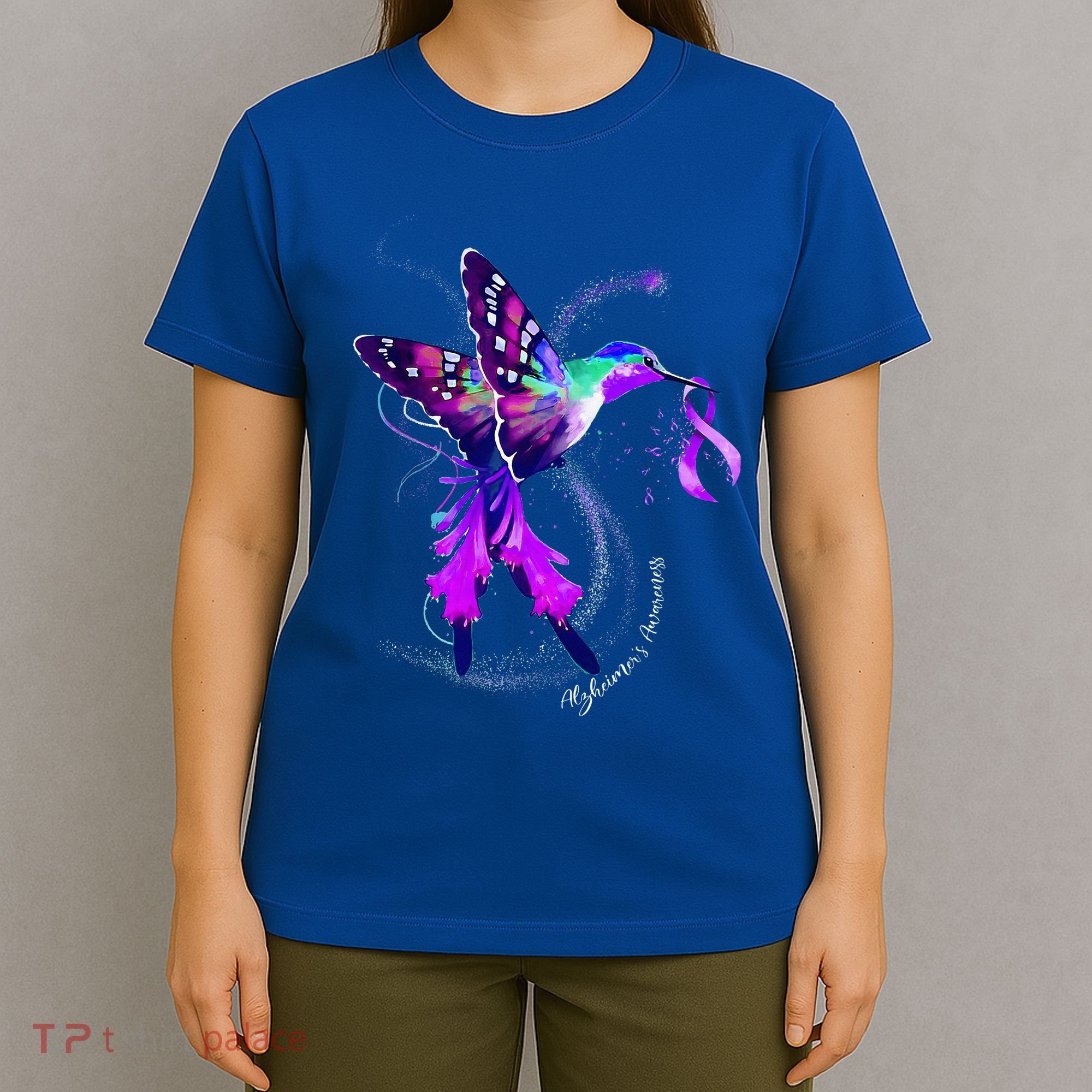 Hummingbird Holding Purple Ribbon AlzheimerS T-Shirt
